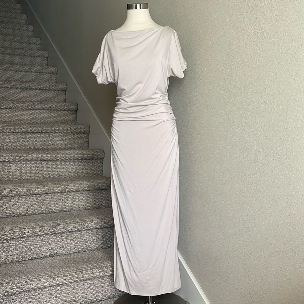 Lalavon Sz L Cream Boatneck, Ruched Jersey Knit Dress